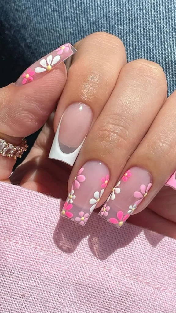 Bright pink and turquoise color block spring nails on short square manicure