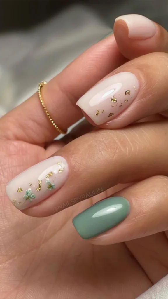 Lavender short spring nails with wildflower garden accent art on ring fingers