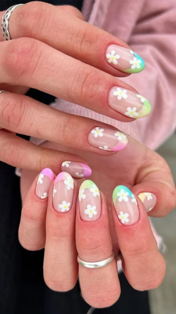 Pastel swirl spring nails with blue purple and white abstract lines