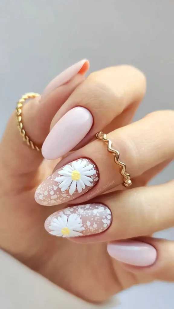 Bright pink and aqua short spring nails with one abstract color block accent