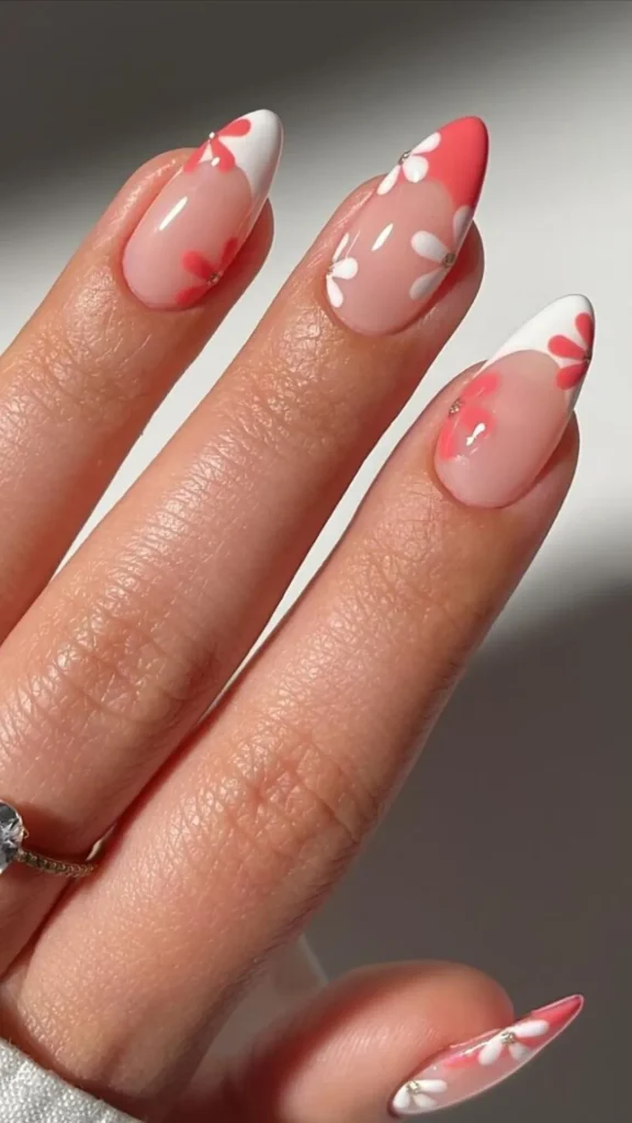 Playful pink and yellow floral spring nails on short square manicure