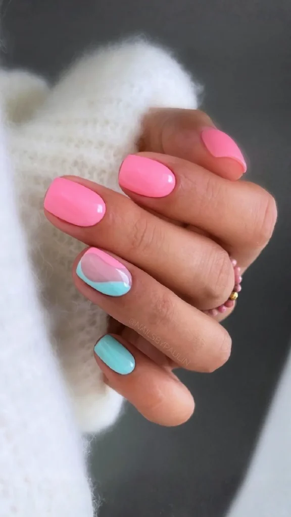 Pastel daisy French tip spring nails with light blue and white details