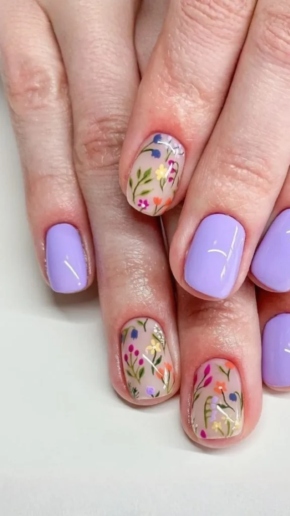 Yellow accent and daisy feature spring nails on square pastel manicure