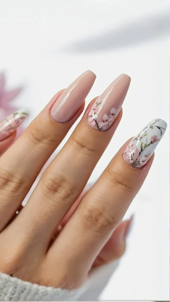 Soft blue French tip spring nails with tiny white daisies and nude base